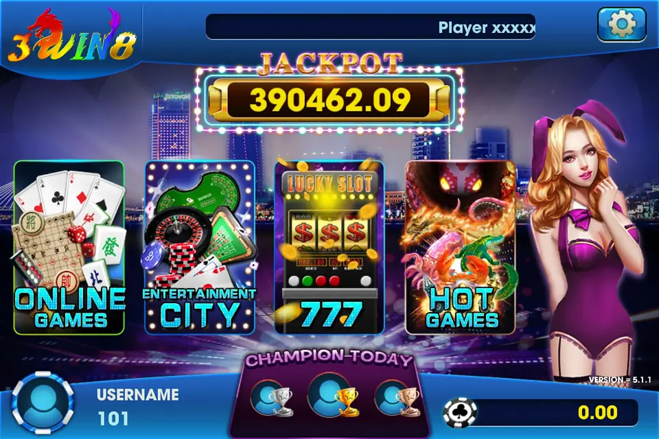 3Win8 slot lobby with rows of game icons on the main screen