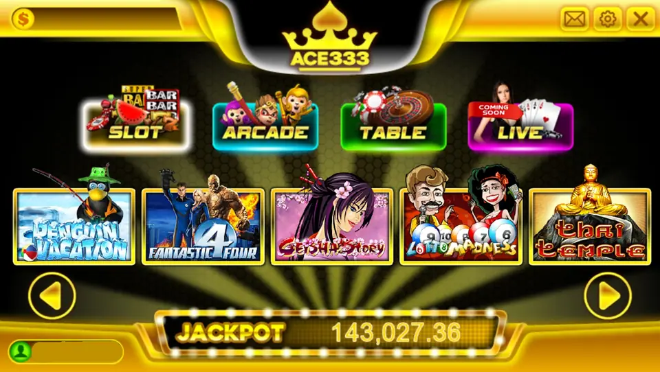 ACE333 game lobby with the slot, arcade and table categories