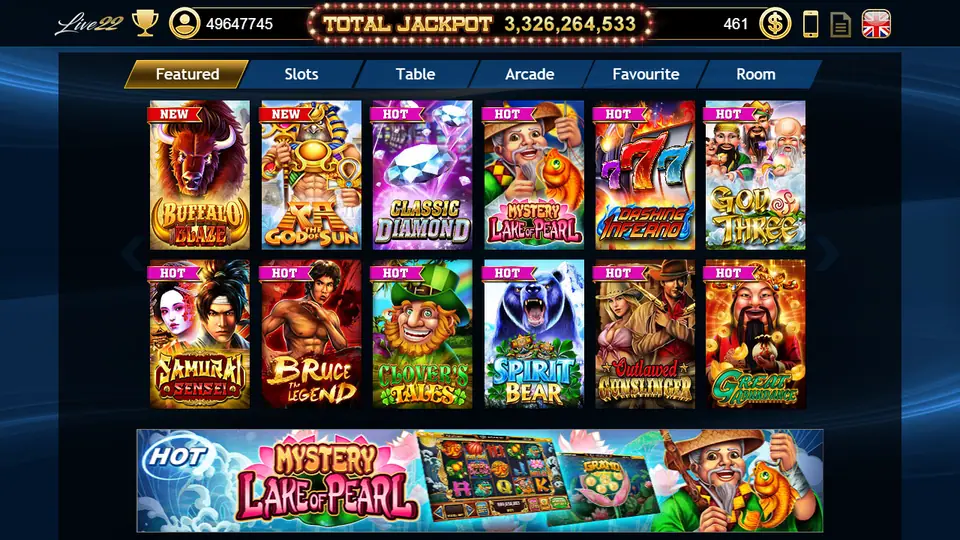 Live22 lobby showing a grid of slot game tiles