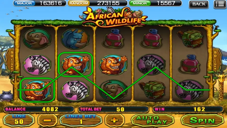 African Wildlife control panel with bet and spin buttons below the reels
