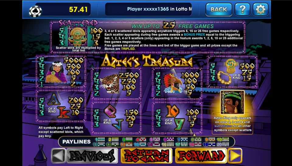 Aztecs Treasure reels on 3Win8 with Aztec King and temple symbols