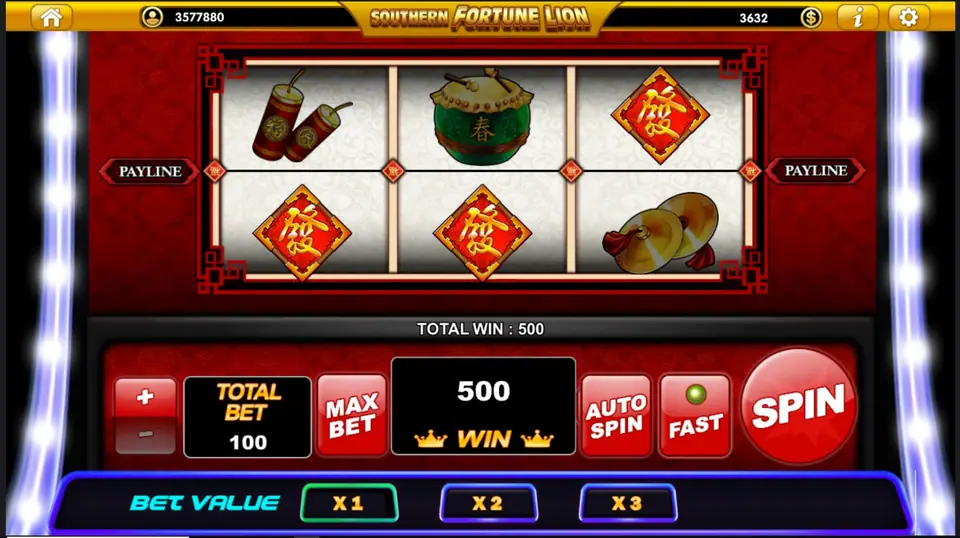 Southern Fortune Lion paytable showing the green drum wild and dragon symbols