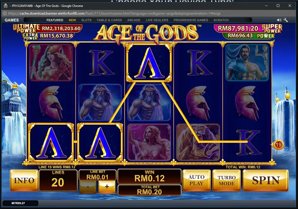 Age of the Gods paytable showing the god symbol values