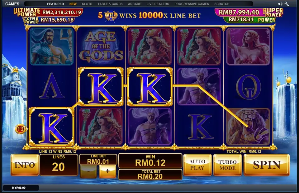 Age of the Gods jackpot game screen with progressive prize amounts