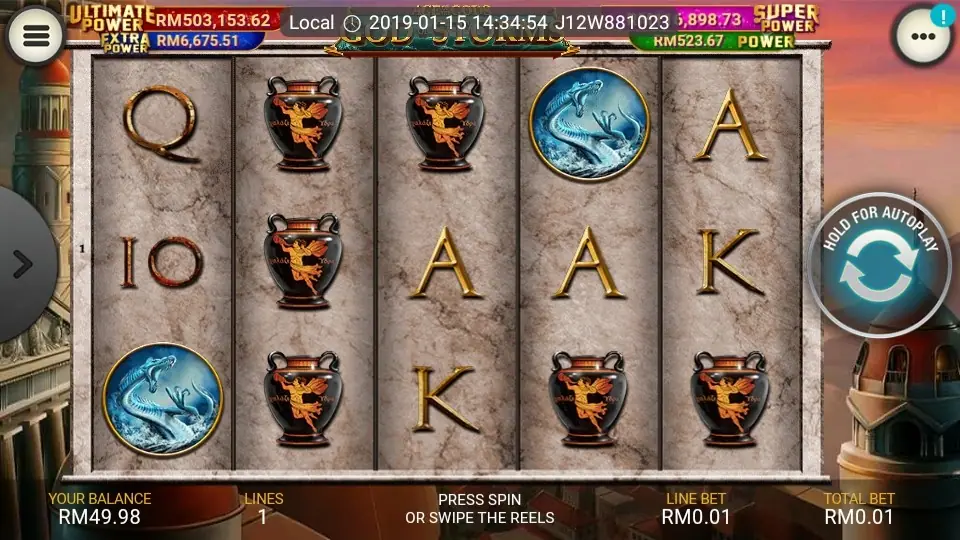 Jackpot game screen showing the four God of Storm prize levels