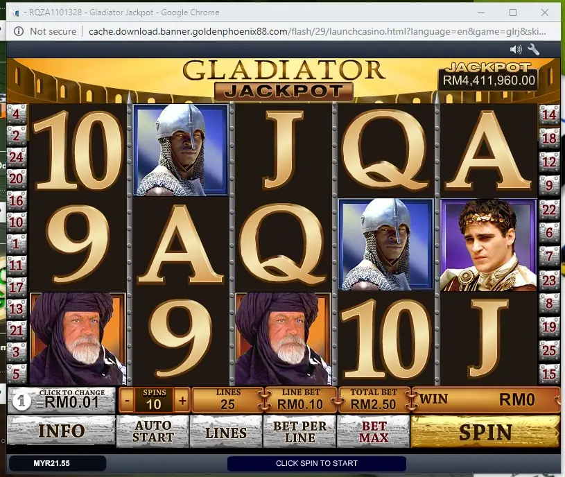 Gladiator Jackpot reels with Roman arena character symbols on Rollex11