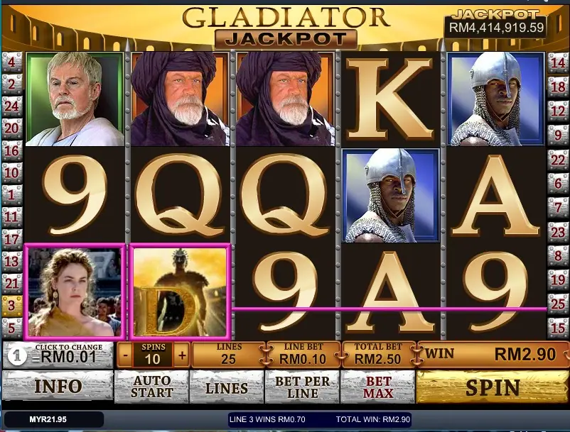 Gladiator Jackpot base game with character symbols across 25 paylines