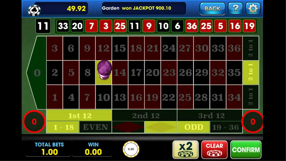 Roulette betting layout in 3Win8 with highlighted numbers on a corner bet