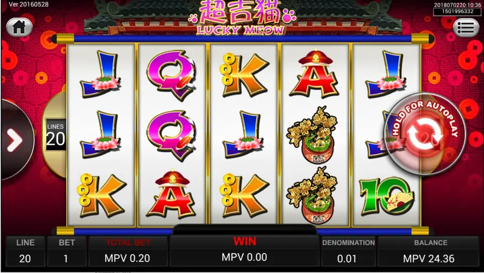 Lucky Meow slot on Sky777 with five reels inside a Chinese hut frame